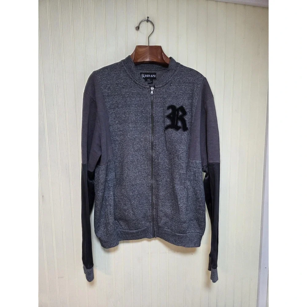Red Ape Jacket Mens XL Gray Varsity Full Zip Knit R Logo Faux Leather Sleeves - Picture 2 of 9